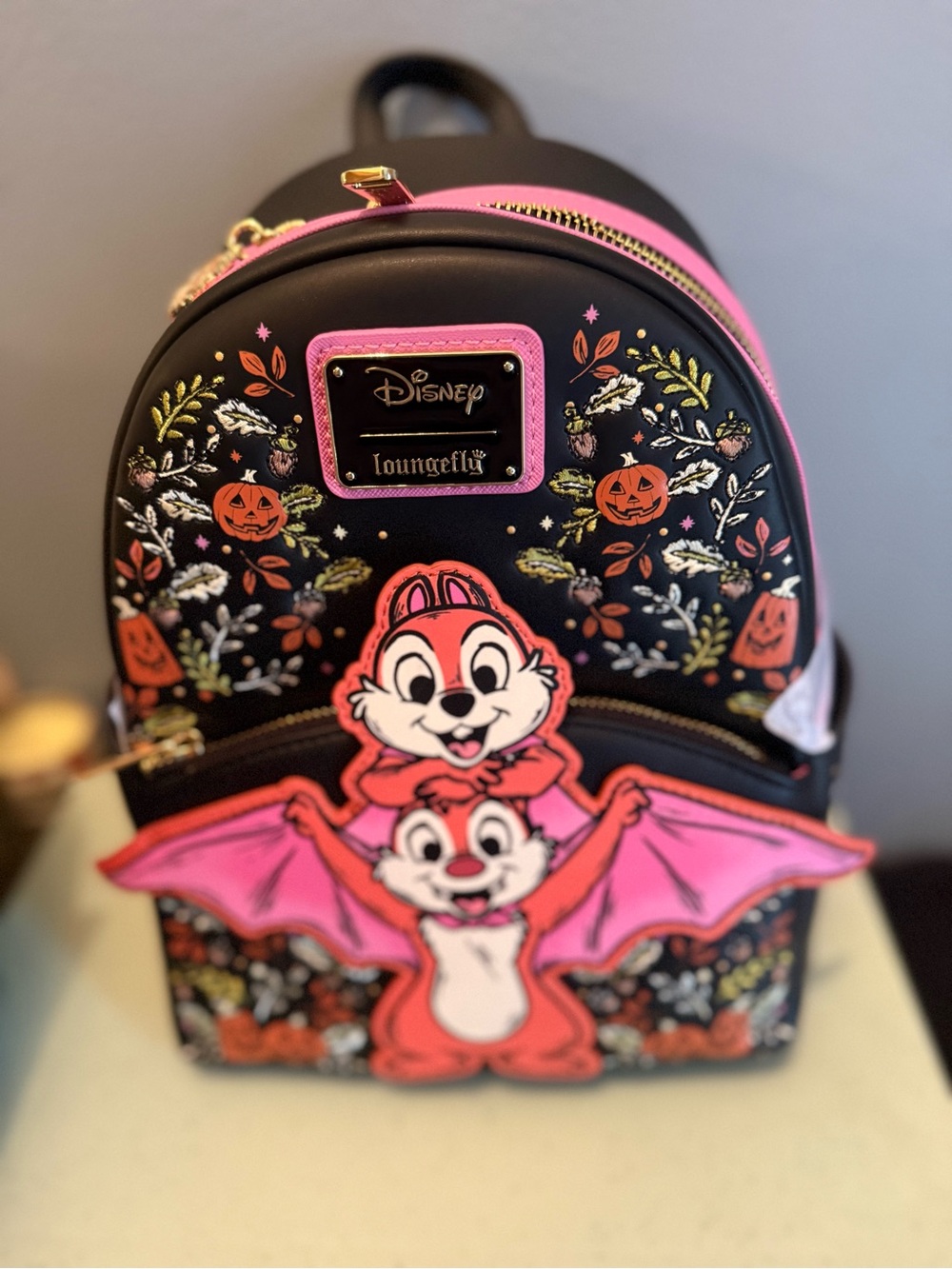 Loungefly Black & Pink Chip 'n' Dale Halloween Mini Backpack with Bat Wings